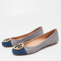 Pre Owned Tory Burch Blue/Grey Textured Leather and Suede Reva Ballet Flats Size 39.5
