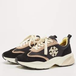 Pre Owned Tory Burch Black/Cream Suede and Fabric Good Luck Low Top Sneakers Size 39