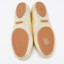 Pre Owned Tory Burch Gold Foil Leather Minnie Travel Scrunch Ballet Flats Size 37.5