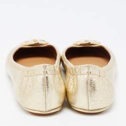 Pre Owned Tory Burch Gold Foil Leather Minnie Travel Scrunch Ballet Flats Size 37.5