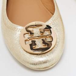 Pre Owned Tory Burch Gold Foil Leather Minnie Travel Scrunch Ballet Flats Size 37.5