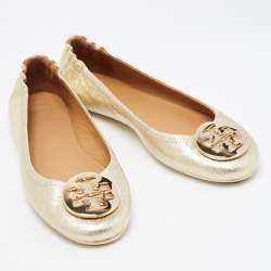 Pre Owned Tory Burch Gold Foil Leather Minnie Travel Scrunch Ballet Flats Size 37.5