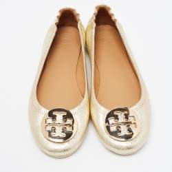 Pre Owned Tory Burch Gold Foil Leather Minnie Travel Scrunch Ballet Flats Size 37.5