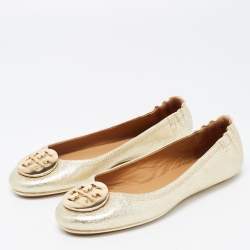 Pre Owned Tory Burch Gold Foil Leather Minnie Travel Scrunch Ballet Flats Size 37.5
