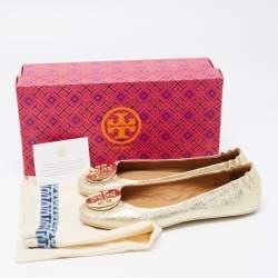 Pre Owned Tory Burch Gold Foil Leather Minnie Travel Scrunch Ballet Flats Size 37.5