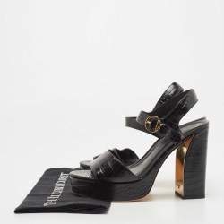 Pre Owned Tory Burch Black Croc Embossed Leather Block Heel Ankle Strap Sandals Size 38.5