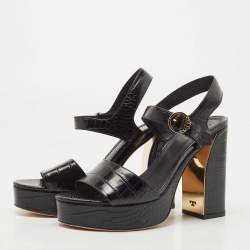 Pre Owned Tory Burch Black Croc Embossed Leather Block Heel Ankle Strap Sandals Size 38.5