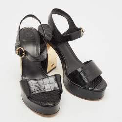 Pre Owned Tory Burch Black Croc Embossed Leather Block Heel Ankle Strap Sandals Size 38.5