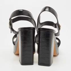 Pre Owned Tory Burch Black Croc Embossed Leather Block Heel Ankle Strap Sandals Size 38.5