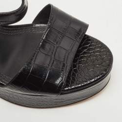 Pre Owned Tory Burch Black Croc Embossed Leather Block Heel Ankle Strap Sandals Size 38.5