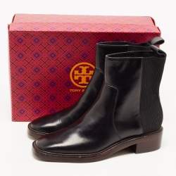 Pre Owned Tory Burch Black Leather Ankle Boots Size 37.5
