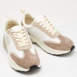 Pre Owned Tory Burch White/Brown Suede and Leather Good Luck Low Top Sneakers Size 40.5