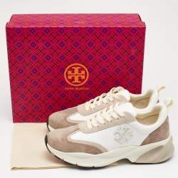 Pre Owned Tory Burch White/Brown Suede and Leather Good Luck Low Top Sneakers Size 40.5