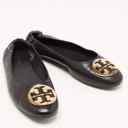 Pre Owned Tory Burch Black Leather Minnie Ballet Flats Size 40