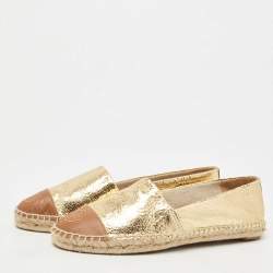 Pre Owned Tory Burch Gold/Brown Leather Espadrille Flats Size 38.5