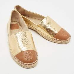 Pre Owned Tory Burch Gold/Brown Leather Espadrille Flats Size 38.5