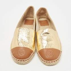 Pre Owned Tory Burch Gold/Brown Leather Espadrille Flats Size 38.5