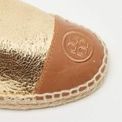 Pre Owned Tory Burch Gold/Brown Leather Espadrille Flats Size 38.5
