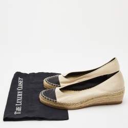 Pre Owned Tory Burch Beige/Black Canvas and Leather Wedge Pumps Size 39