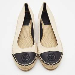 Pre Owned Tory Burch Beige/Black Canvas and Leather Wedge Pumps Size 39