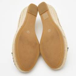 Pre Owned Tory Burch Beige/Black Canvas and Leather Wedge Pumps Size 39