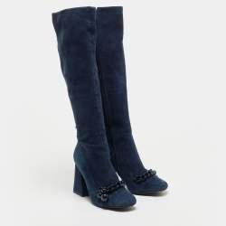Pre Owned Tory Burch Navy Blue Suede Knee Length Boots Size 37