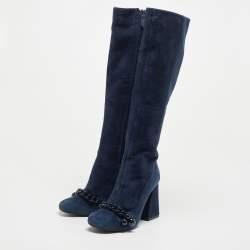 Pre Owned Tory Burch Navy Blue Suede Knee Length Boots Size 37