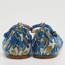 Pre Owned Tory Burch Blue Jacquard Fabric Ashton Flats Size 38