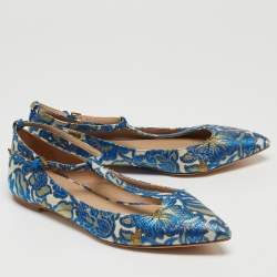 Pre Owned Tory Burch Blue Jacquard Fabric Ashton Flats Size 38