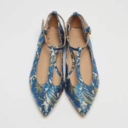 Pre Owned Tory Burch Blue Jacquard Fabric Ashton Flats Size 38