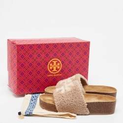Pre Owned Tory Burch Brown Double T Shearling Fur Flat Slides Size 40