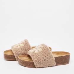 Pre Owned Tory Burch Brown Double T Shearling Fur Flat Slides Size 40