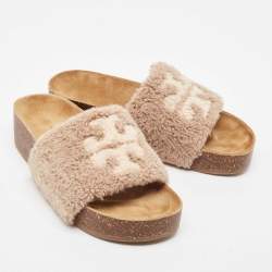 Pre Owned Tory Burch Brown Double T Shearling Fur Flat Slides Size 40