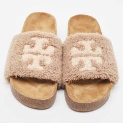 Pre Owned Tory Burch Brown Double T Shearling Fur Flat Slides Size 40