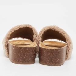 Pre Owned Tory Burch Brown Double T Shearling Fur Flat Slides Size 40