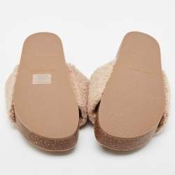 Pre Owned Tory Burch Brown Double T Shearling Fur Flat Slides Size 40