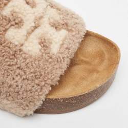 Pre Owned Tory Burch Brown Double T Shearling Fur Flat Slides Size 40