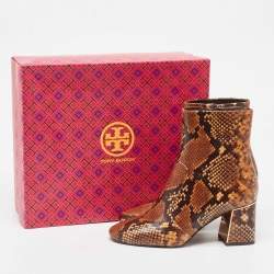 Tory Burch Brown Python Embossed Leather Ankle Boots Size 37.5