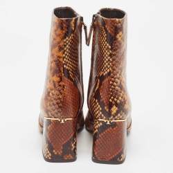 Tory Burch Brown Python Embossed Leather Ankle Boots Size 37.5