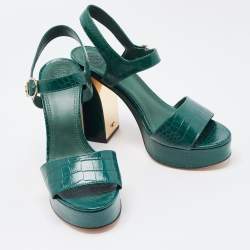 Pre Owned Tory Burch Green Croc Embossed Leather Martine Platform Sandals Size 40