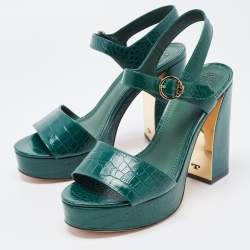 Pre Owned Tory Burch Green Croc Embossed Leather Martine Platform Sandals Size 40