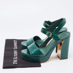 Pre Owned Tory Burch Green Croc Embossed Leather Martine Platform Sandals Size 40