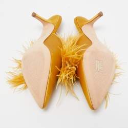 Pre Owned Tory Burch Mustard Yellow Satin and Feather Elodie Embellished Mules Size 36.5