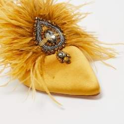 Pre Owned Tory Burch Mustard Yellow Satin and Feather Elodie Embellished Mules Size 36.5