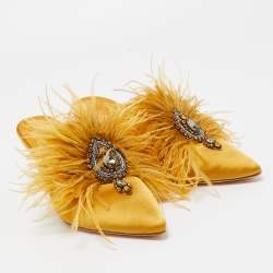 Pre Owned Tory Burch Mustard Yellow Satin and Feather Elodie Embellished Mules Size 36.5
