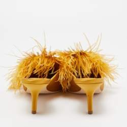 Pre Owned Tory Burch Mustard Yellow Satin and Feather Elodie Embellished Mules Size 36.5