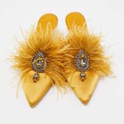Pre Owned Tory Burch Mustard Yellow Satin and Feather Elodie Embellished Mules Size 36.5