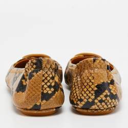 Pre Owned Tory Burch Yellow/Brown Python Embossed Minnie Ballet Flats Size 39.5