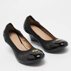 Pre Owned Tory Burch Black Leather Jolie Wedge Pumps Size 40