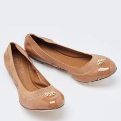 Pre Owned Tory Burch Brown Patent and Leather Jolie Scrunch Ballet Flats Size 39.5